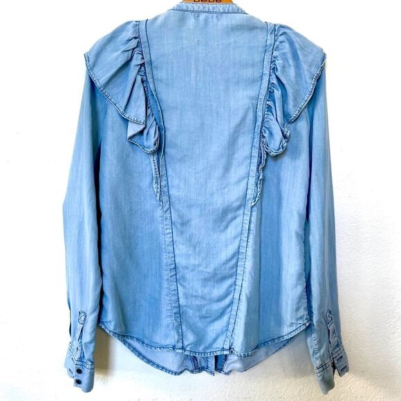 Boho Chambray Button Down Shirt Light Blue Denim with Ruffle Trim, PAIGE size XS - Picture 2 of 7